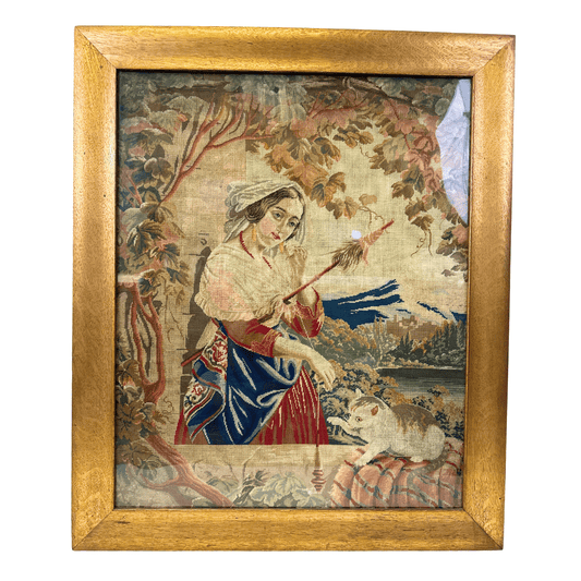 Antique Koblen Embroidery Picture of Woman & Cat - Timeless Elegance in Stitch