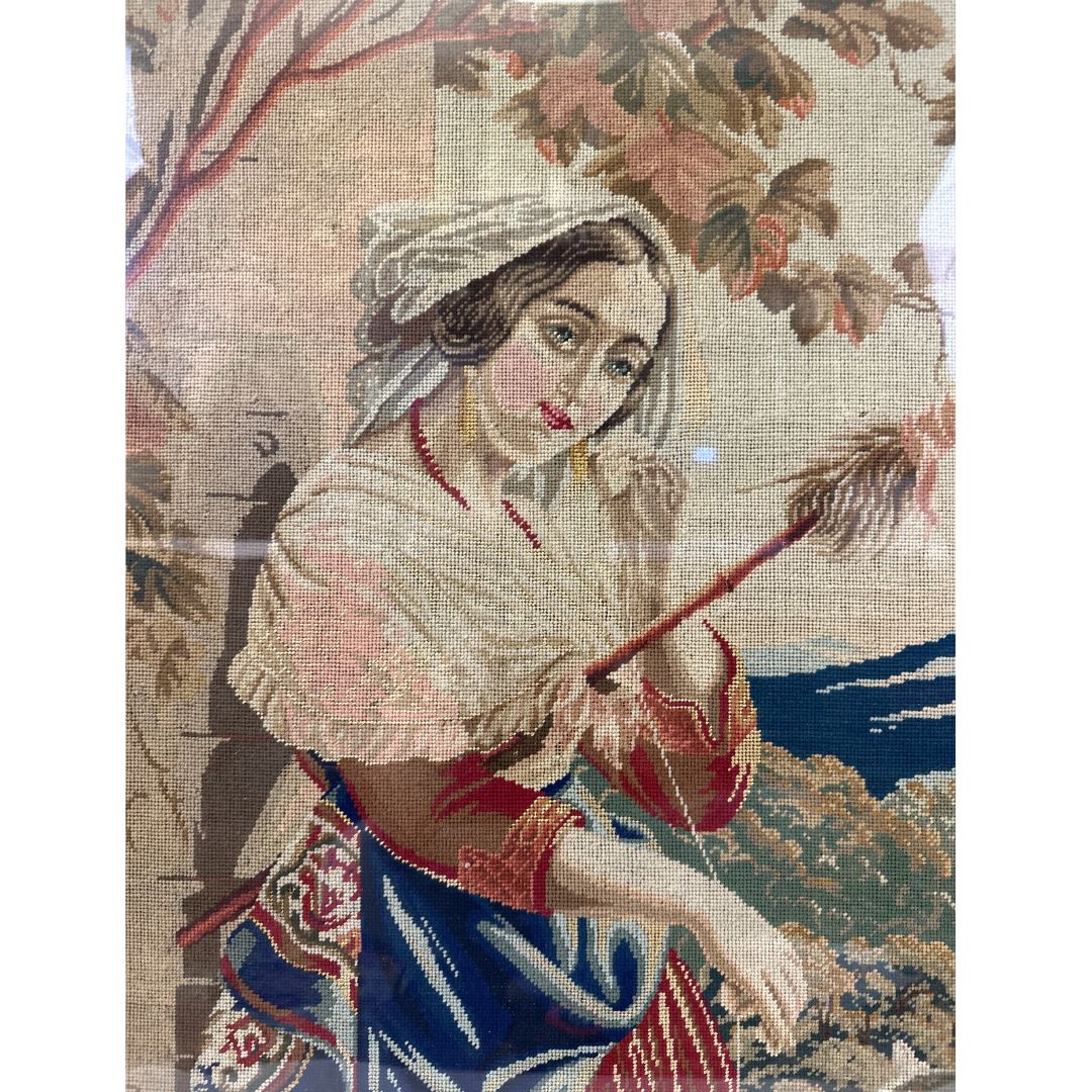 Antique Koblen Embroidery Picture of Woman & Cat - Timeless Elegance in Stitch, composition detail