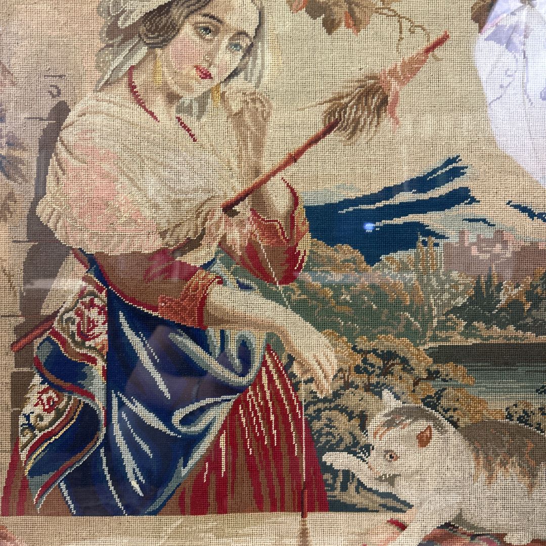 Antique Koblen Embroidery Picture of Woman & Cat - Timeless Elegance in Stitch, subject detail
