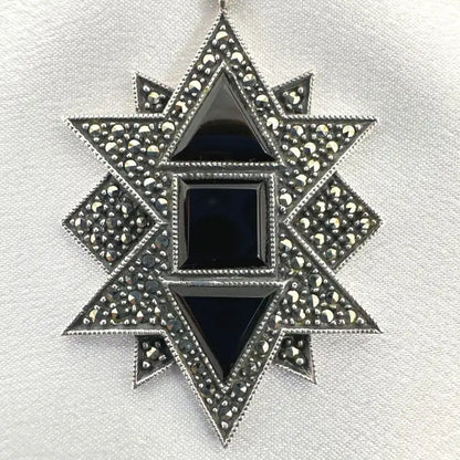 Beautiful Unique Sterling Silver With Onyx Crystal Drop Brooch Pin