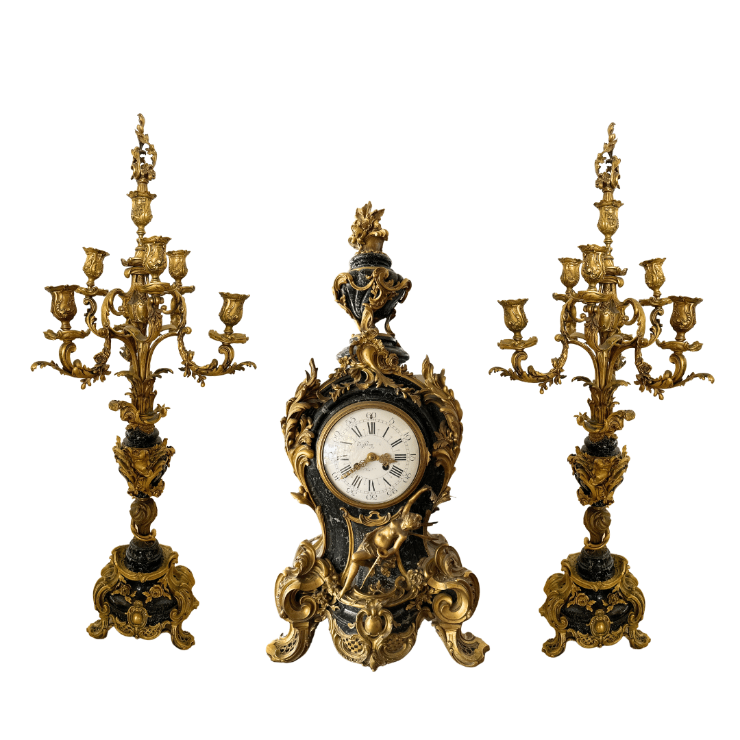 Bronze Antique Tiffany Clock and Candelabra Set