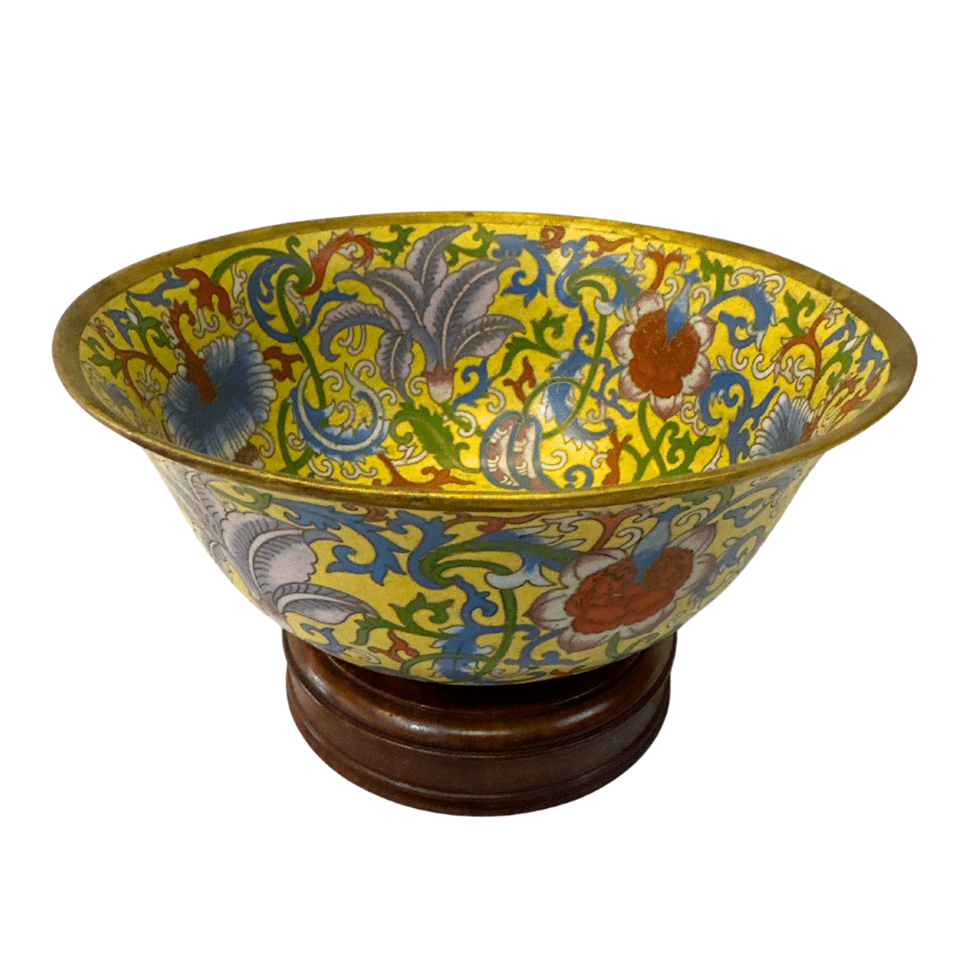Chinese Floral Design Decorative Enamel Bowl with Cloisonné Decoration, full view