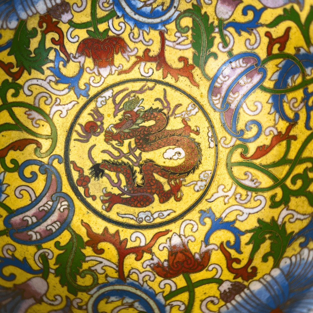 Chinese Floral Design Decorative Enamel Bowl with Cloisonné Decoration, top view