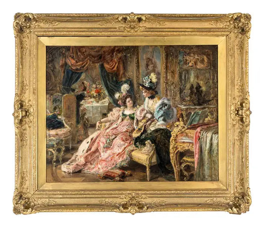 "A Surprising Visit" 19th Century Antique European Oil Painting on Canvas. Eduardo Leon Garrido