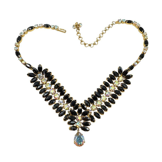 Elegant Antique Stylish Bracelet - Vintage Black Glass and Rhinestone Hobe Bracelet