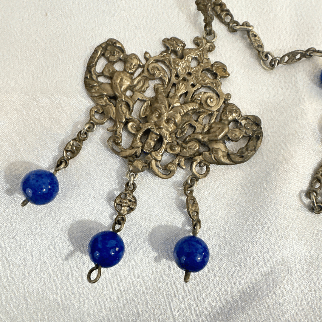 Exquisite Art Deco Antique Peruzzi Satyr Angels Renaissance Silver Necklace - Pendant Detail