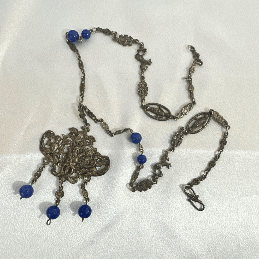 Exquisite Art Deco Antique Peruzzi Satyr Angels Renaissance Silver Necklace - Satin Background