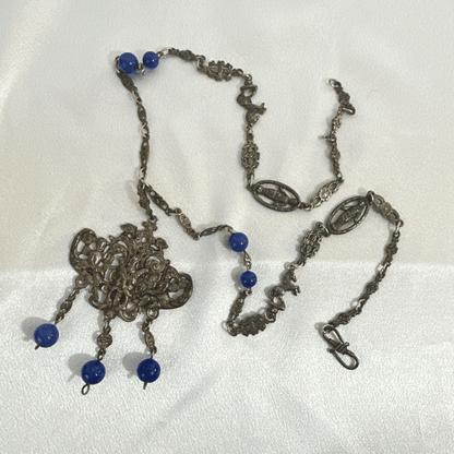 Exquisite Art Deco Antique Peruzzi Satyr Angels Renaissance Silver Necklace - Satin Background