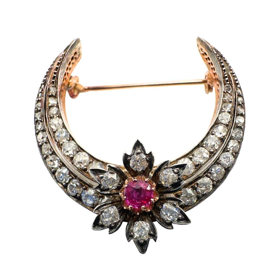 French Diamond and Ruby Detachable Brooch - Crescent Moon (Detached)