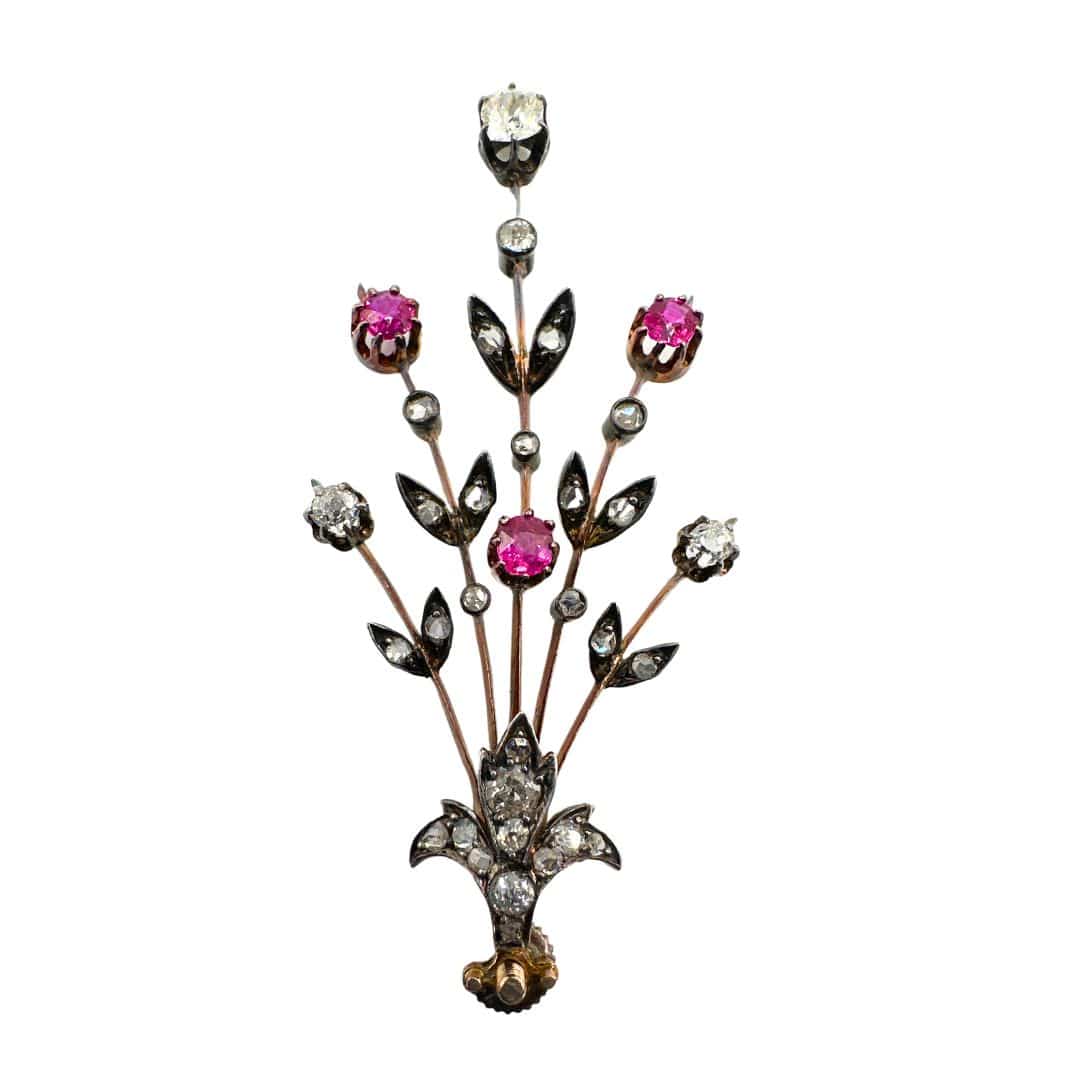 French Diamond and Ruby Detachable Brooch - Floral Bloom (Detached)