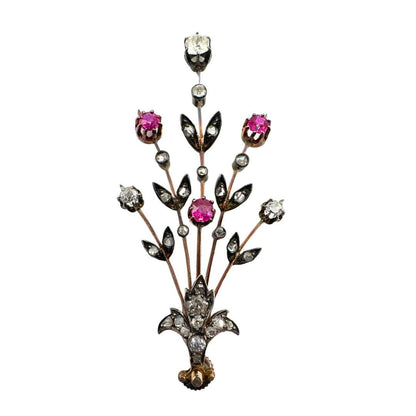French Diamond and Ruby Detachable Brooch - Floral Bloom (Detached)