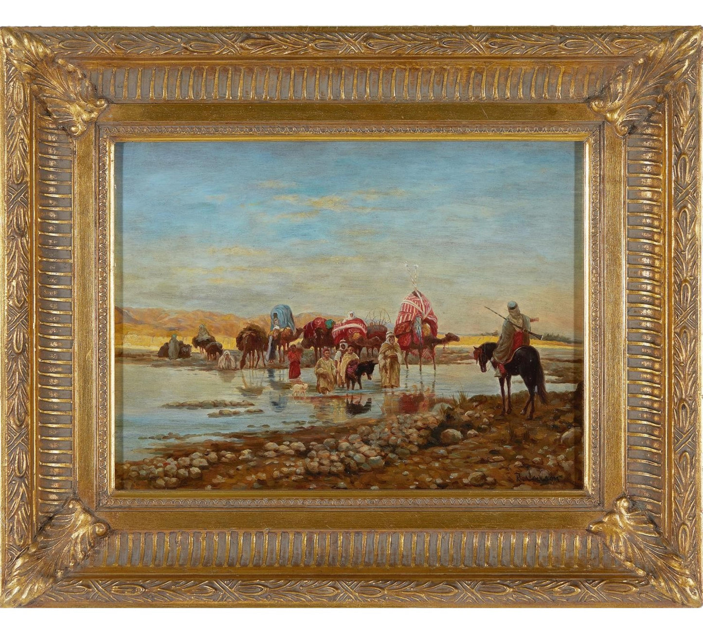Caravan Crossing a Ford – Orientalist Oil Painting by R. Neilson. Circa 1930