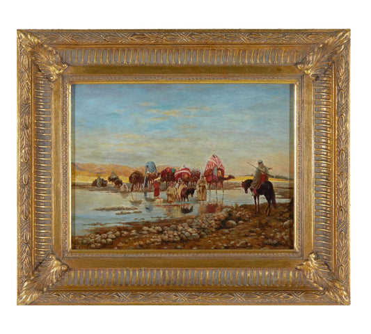 Caravan Crossing a Ford – Orientalist Oil Painting by R. Neilson. Circa 1930