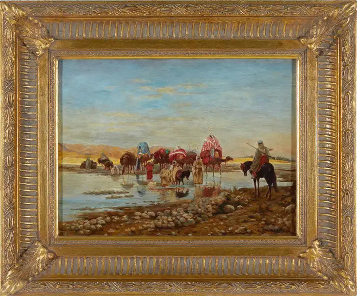 Caravan Crossing a Ford – Orientalist Oil Painting by R. Neilson. Circa 1930