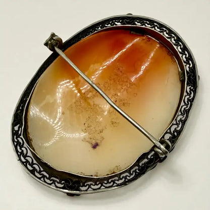 Victorian Shell Cameo Brooch in Filigree Brass Frame, Late 19th Century