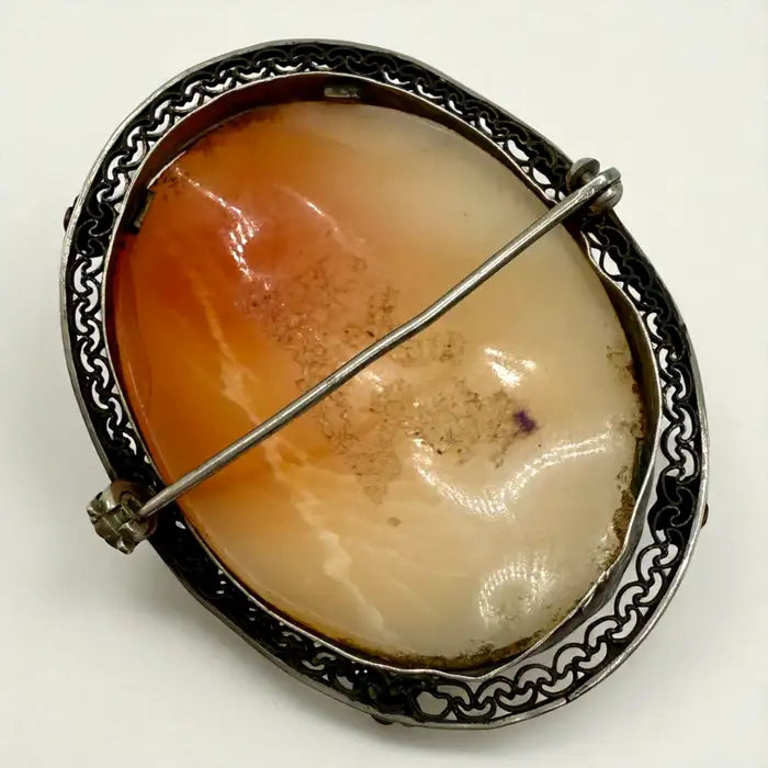 Victorian Shell Cameo Brooch in Filigree Brass Frame, Late 19th Century