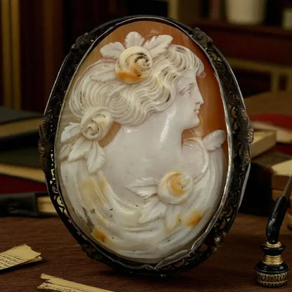 Victorian Shell Cameo Brooch in Filigree Brass Frame, Late 19th Century
