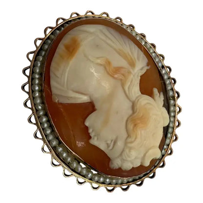Antique Victorian Shell Cameo Brooch with Seed Pearl Frame, circa 1880