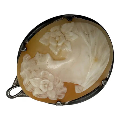 Delicate Victorian Shell Cameo Pendant Brooch with Floral Detail 10k, circa 1890