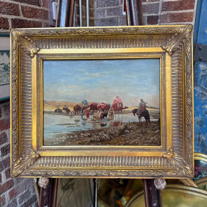 Caravan Crossing a Ford – Orientalist Oil Painting by R. Neilson. Circa 1930