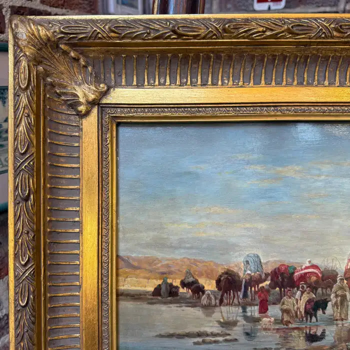Caravan Crossing a Ford – Orientalist Oil Painting by R. Neilson. Circa 1930