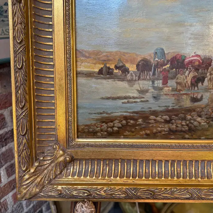 Caravan Crossing a Ford – Orientalist Oil Painting by R. Neilson. Circa 1930