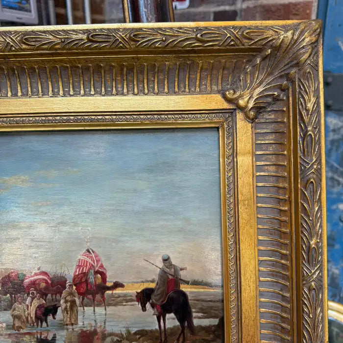 Caravan Crossing a Ford – Orientalist Oil Painting by R. Neilson. Circa 1930