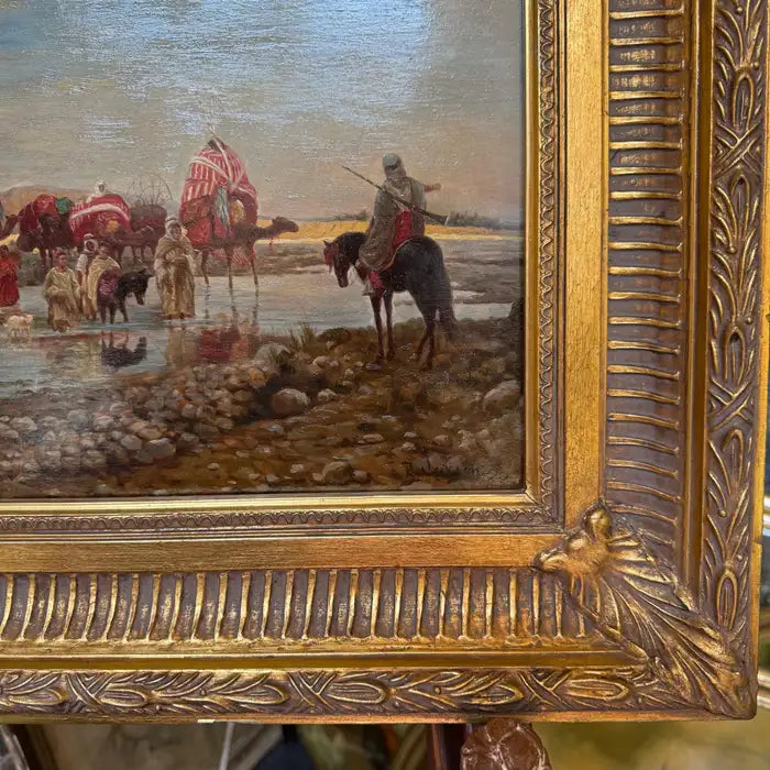 Caravan Crossing a Ford – Orientalist Oil Painting by R. Neilson. Circa 1930