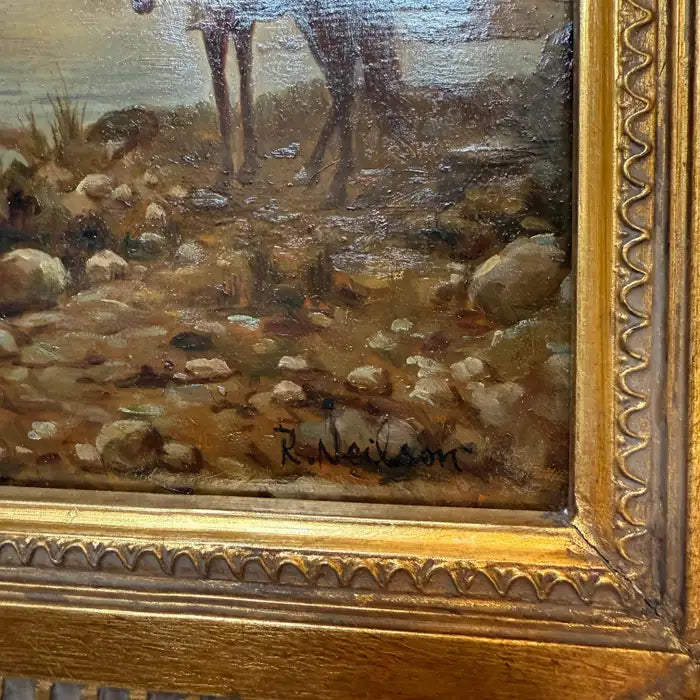 Caravan Crossing a Ford – Orientalist Oil Painting by R. Neilson. Circa 1930