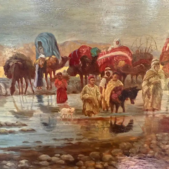 Caravan Crossing a Ford – Orientalist Oil Painting by R. Neilson. Circa 1930