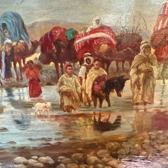 Caravan Crossing a Ford – Orientalist Oil Painting by R. Neilson. Circa 1930