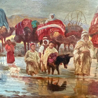 Caravan Crossing a Ford – Orientalist Oil Painting by R. Neilson. Circa 1930