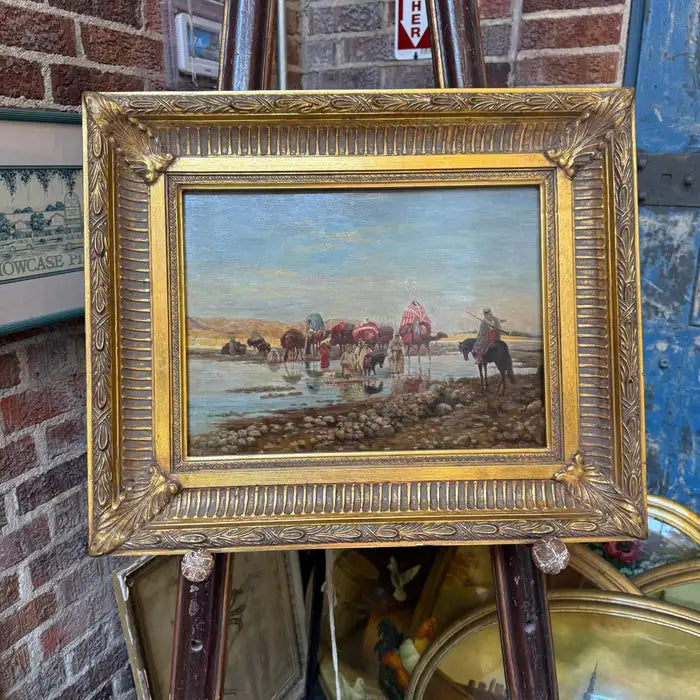 Caravan Crossing a Ford – Orientalist Oil Painting by R. Neilson. Circa 1930