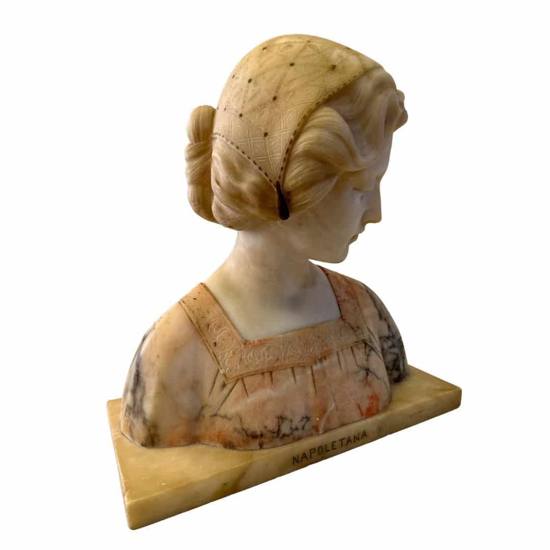 Italian Carved Giuseppe Bessi Marble Alabaster Bust of Napoletana, left side