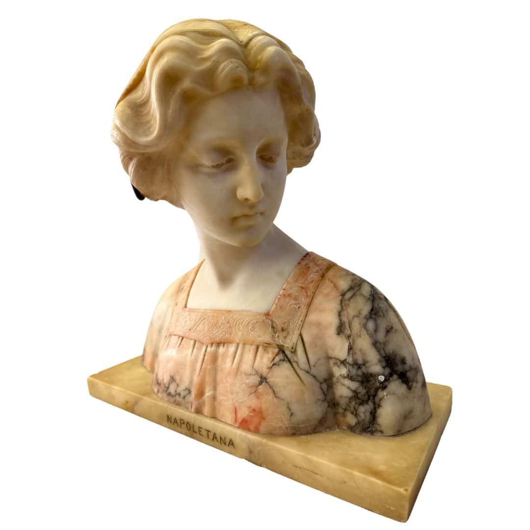 Italian Carved Giuseppe Bessi Marble Alabaster Bust of Napoletana, right side