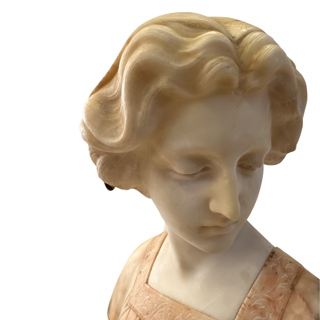 Italian Carved Giuseppe Bessi Marble Alabaster Bust of Napoletana, top view-_Face_Detail