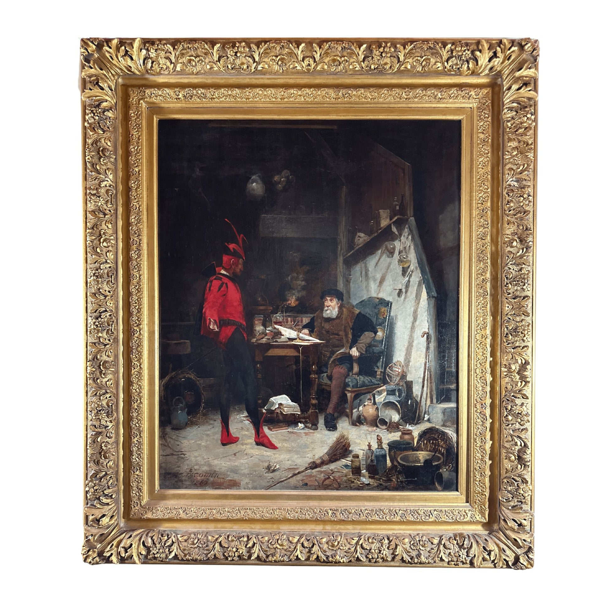 "Mephistopheles and the Faust" by Alfred Jacomin - Full Painting with Frame