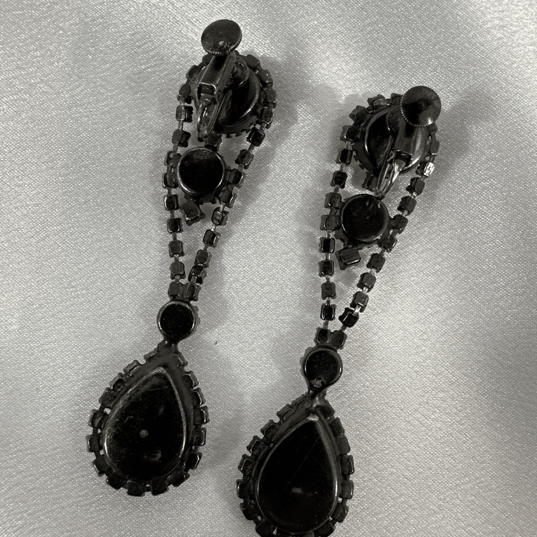Ornate Japanned Great Cut Clear Rhinestone Vintage Drop Earrings - Rear Detail