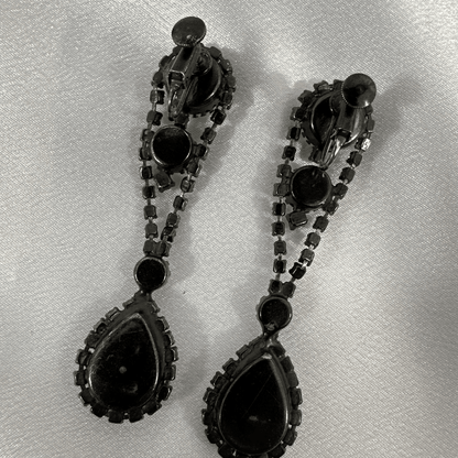 Ornate Japanned Great Cut Clear Rhinestone Vintage Drop Earrings - Rear Detail