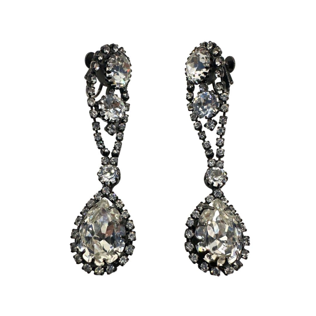 Ornate Japanned Great Cut Clear Rhinestone Vintage Drop Earrings - full detail
