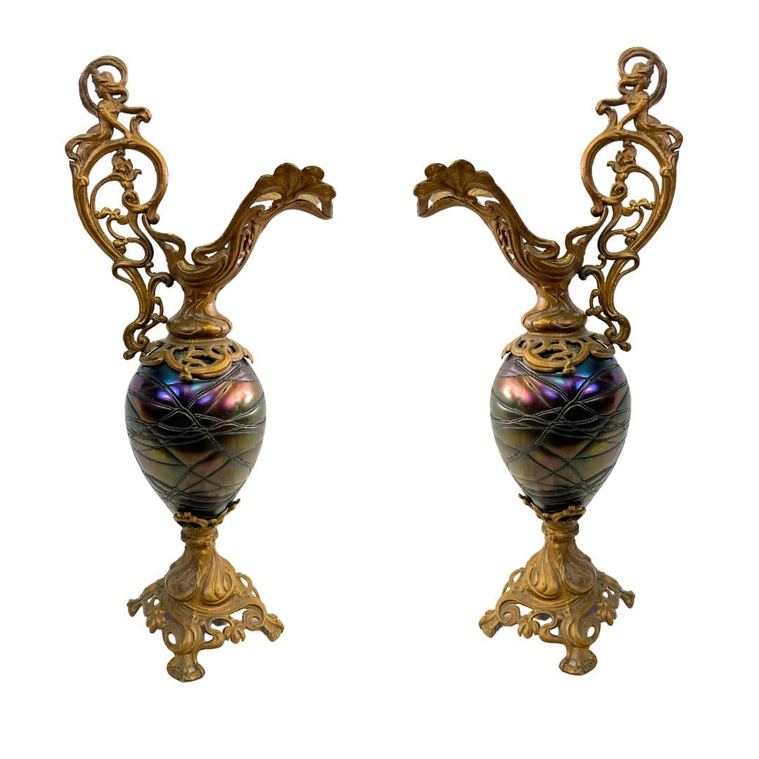 Pair of Elisabeth Teplitz Bohemia Antique Art Nouveau Glass and Bronze Decorative Statues