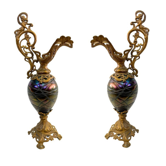 Pair of Elisabeth Teplitz Bohemia Antique Art Nouveau Glass and Bronze Decorative Statues