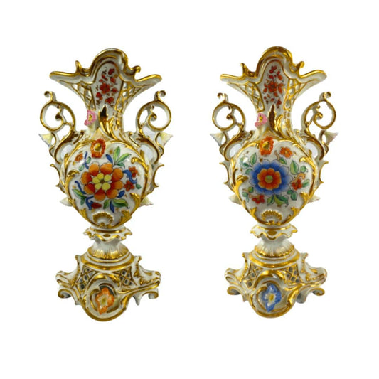 Pair of Hand-Painted Vintage Vase with floral design gold accents