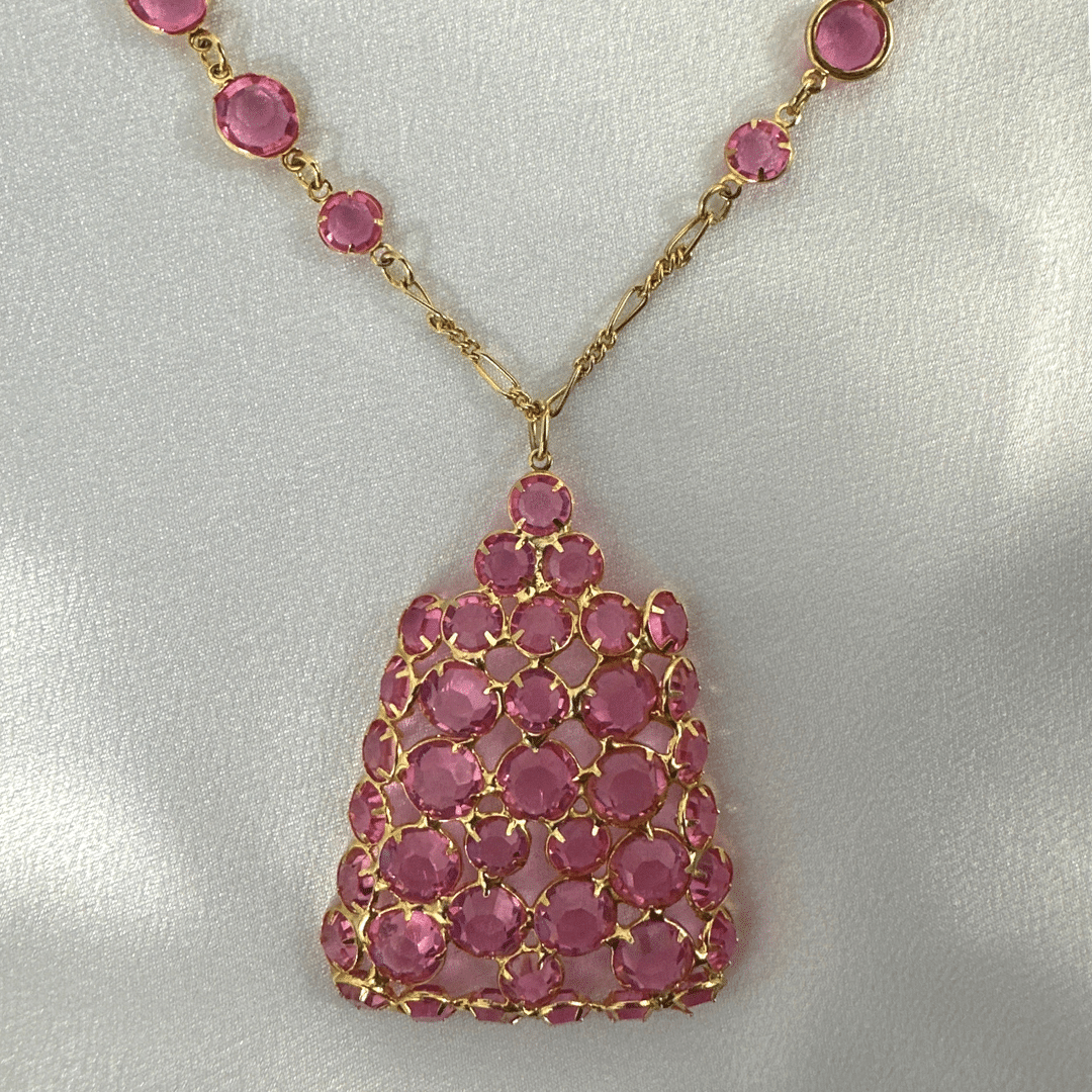Pink Geometric Pendant on Gold Chain - Pendant Detail - satin background
