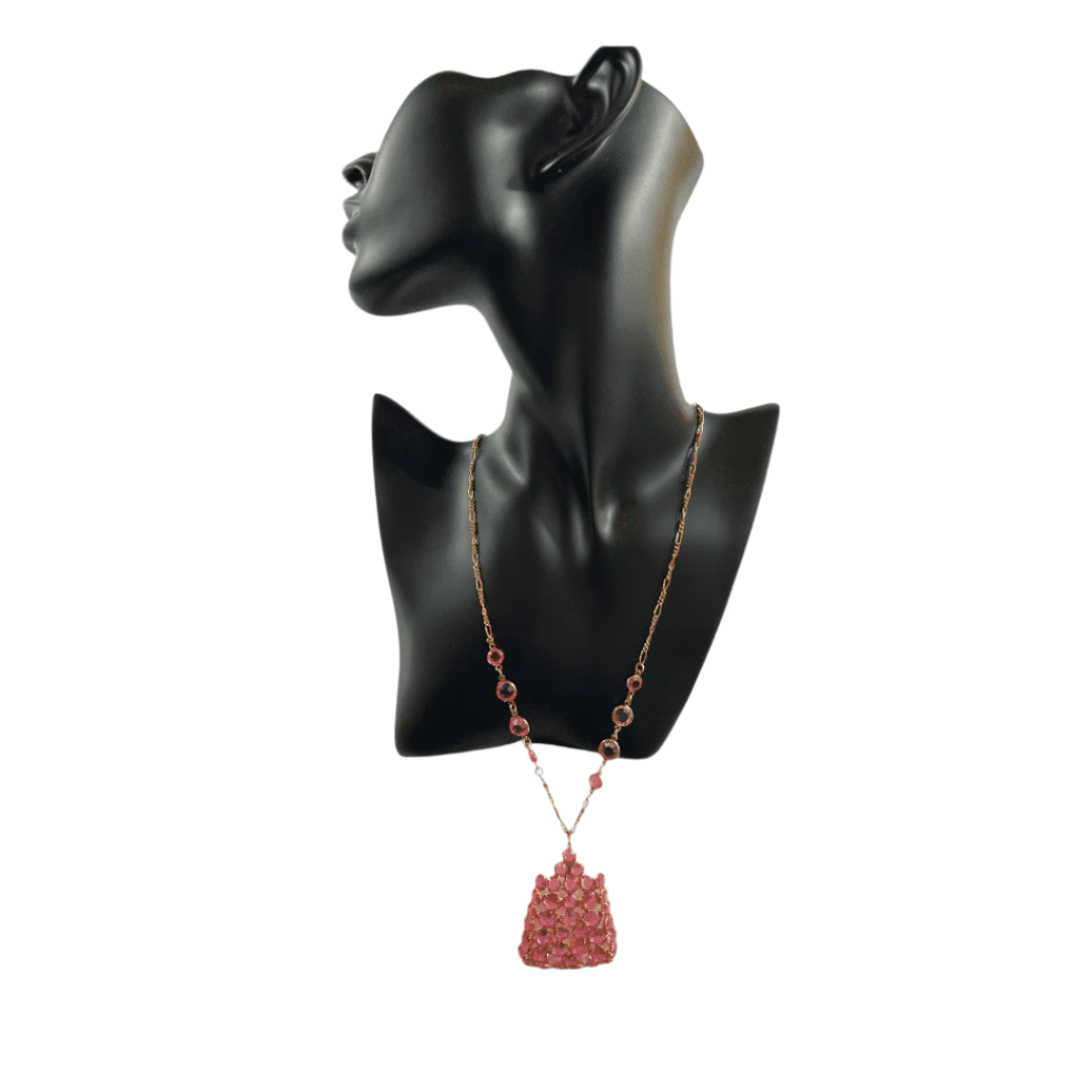 Pink Geometric Pendant on Gold Chain - on mannequin