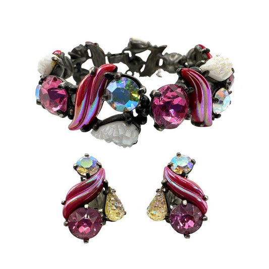 Schiaparelli Purple Rhinestone Jewelry Set - Bracelet and Earrings