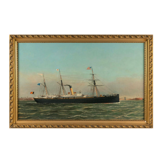 "The Screw-Steamer Pennland in New York Harbor" by Antonio Gasparo Jacobsen with antique frame.