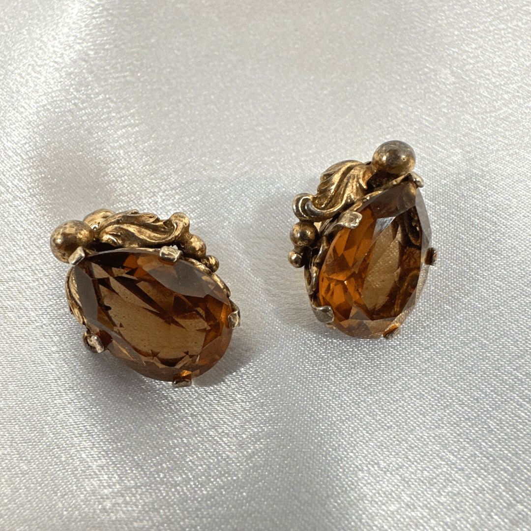 Signed Cini Sterling  Silver Beautiful Orange Crystal Vintage Earrings - Textured Background