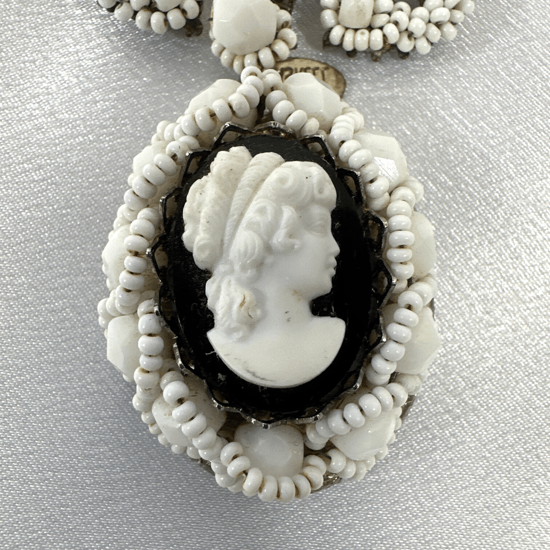 Signed Haskell Large Delicate Black and White Glass Vintage Locket Brooch - Cameo Detail
