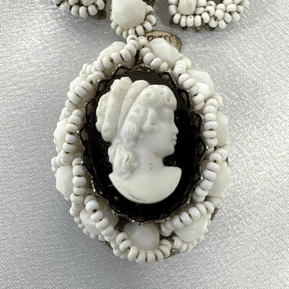 Signed Haskell Large Delicate Black and White Glass Vintage Locket Brooch - Cameo Detail